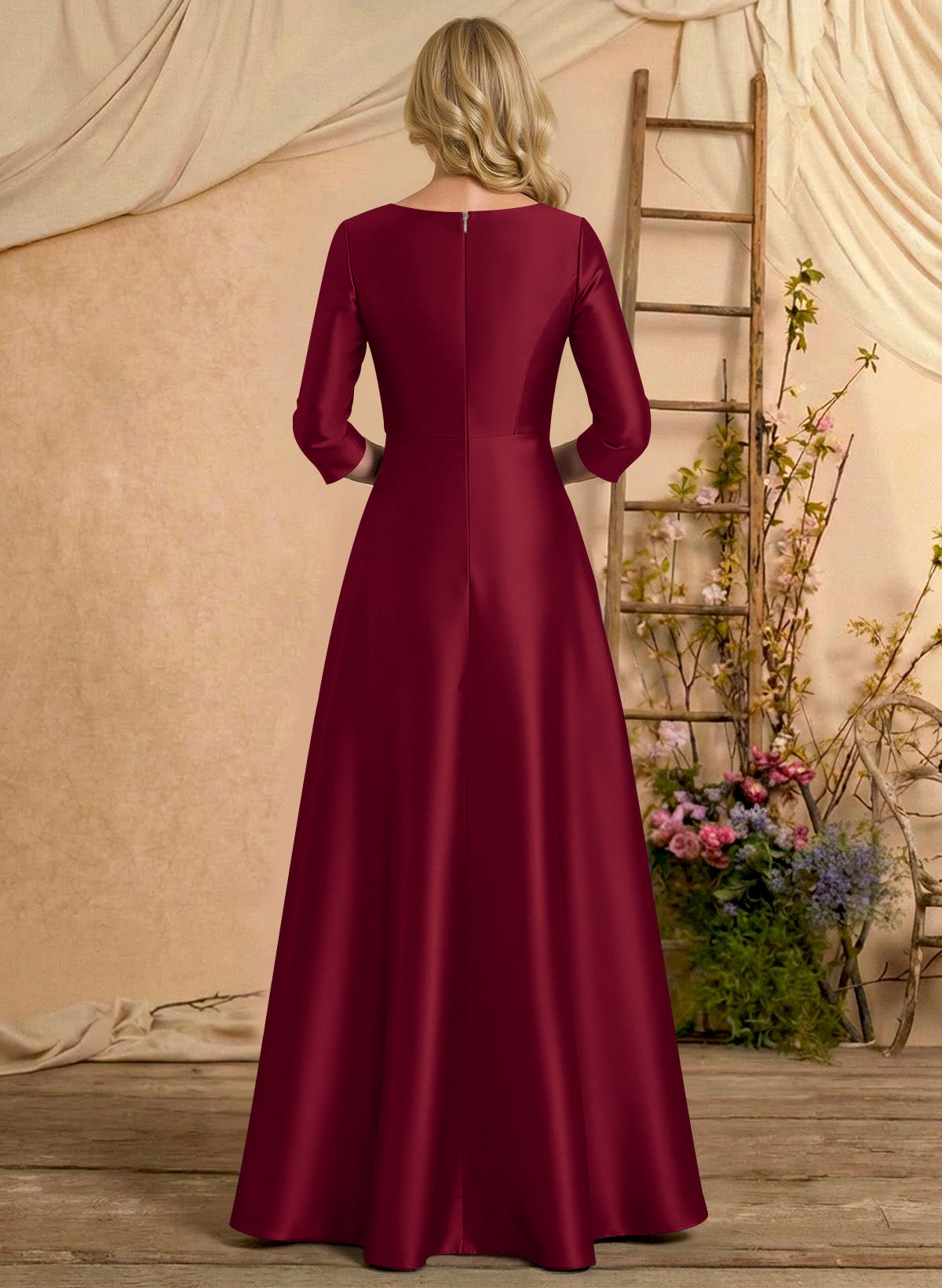 A-Line V-Neck 3/4 Sleeves Floor-Length Satin Mother Of The Bride Dresses With Rhinestone/High Split