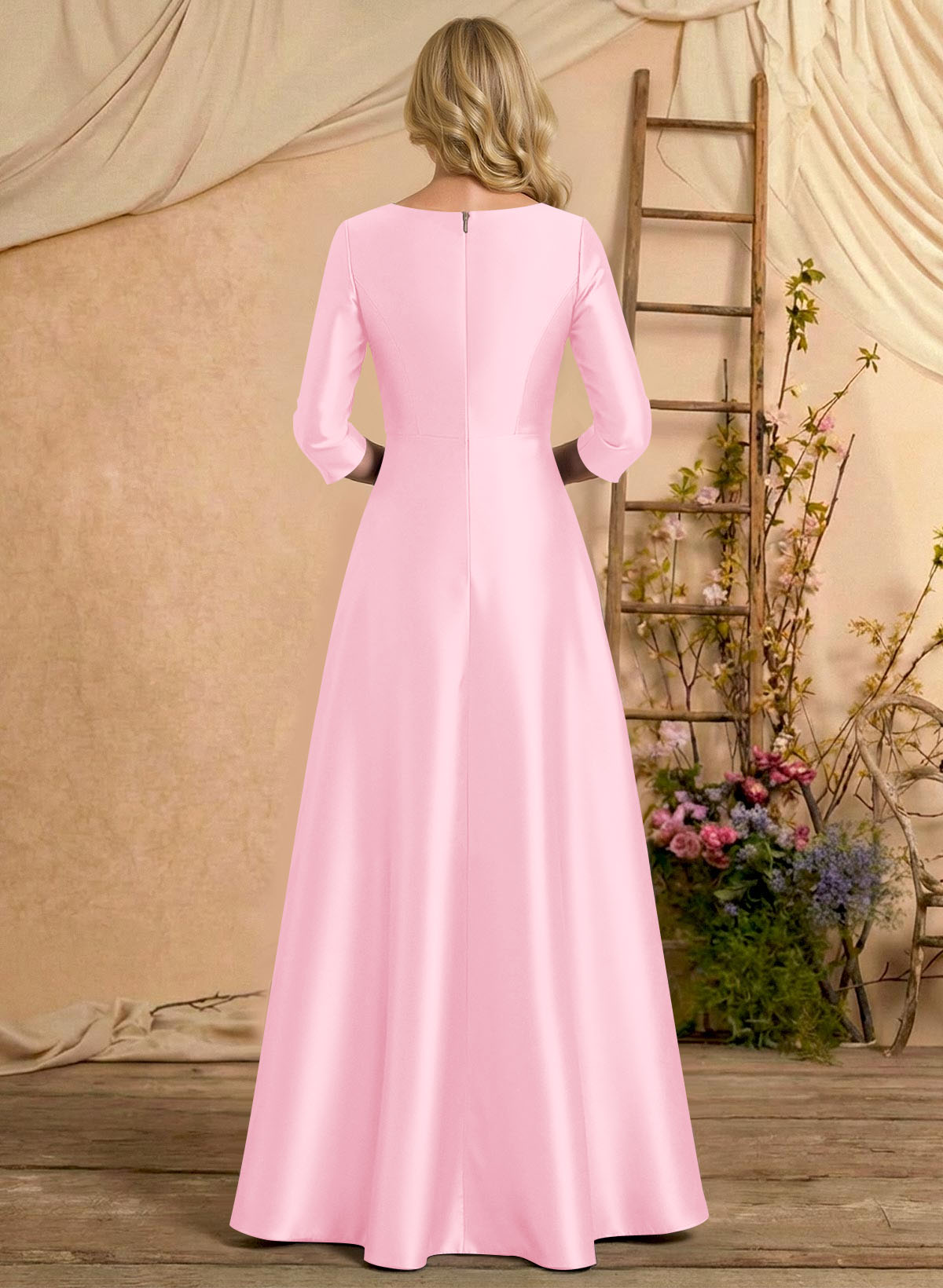 A-Line V-Neck 3/4 Sleeves Floor-Length Satin Mother Of The Bride Dresses With Rhinestone/High Split