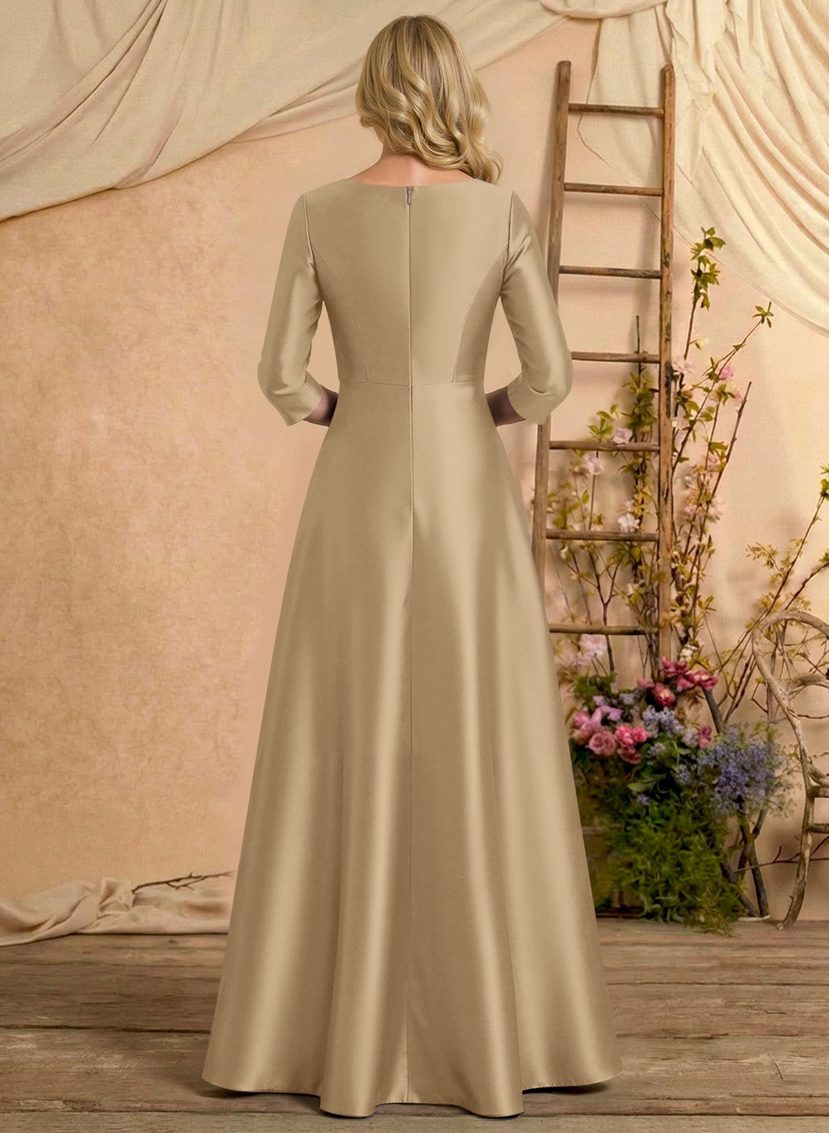 A-Line V-Neck 3/4 Sleeves Floor-Length Satin Mother Of The Bride Dresses With Rhinestone/High Split