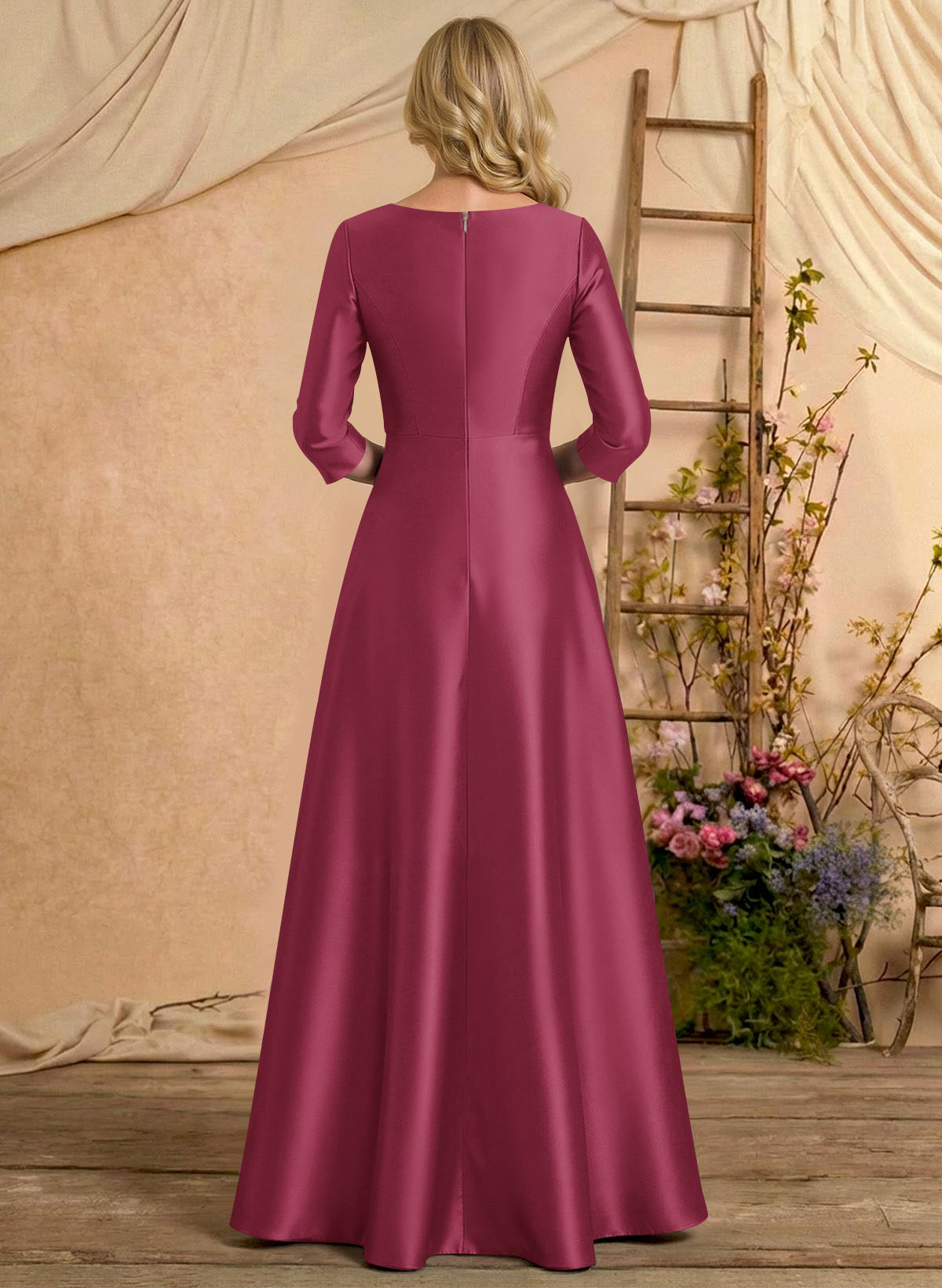 A-Line V-Neck 3/4 Sleeves Floor-Length Satin Mother Of The Bride Dresses With Rhinestone/High Split