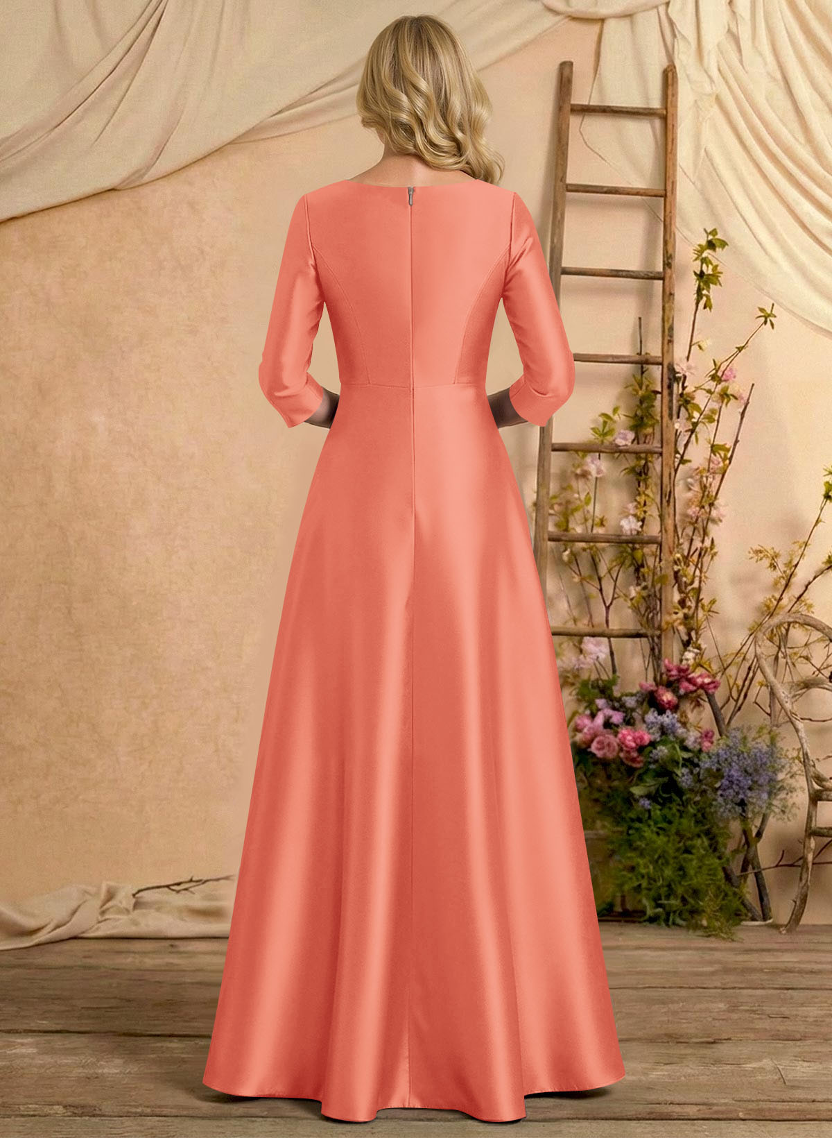A-Line V-Neck 3/4 Sleeves Floor-Length Satin Mother Of The Bride Dresses With Rhinestone/High Split