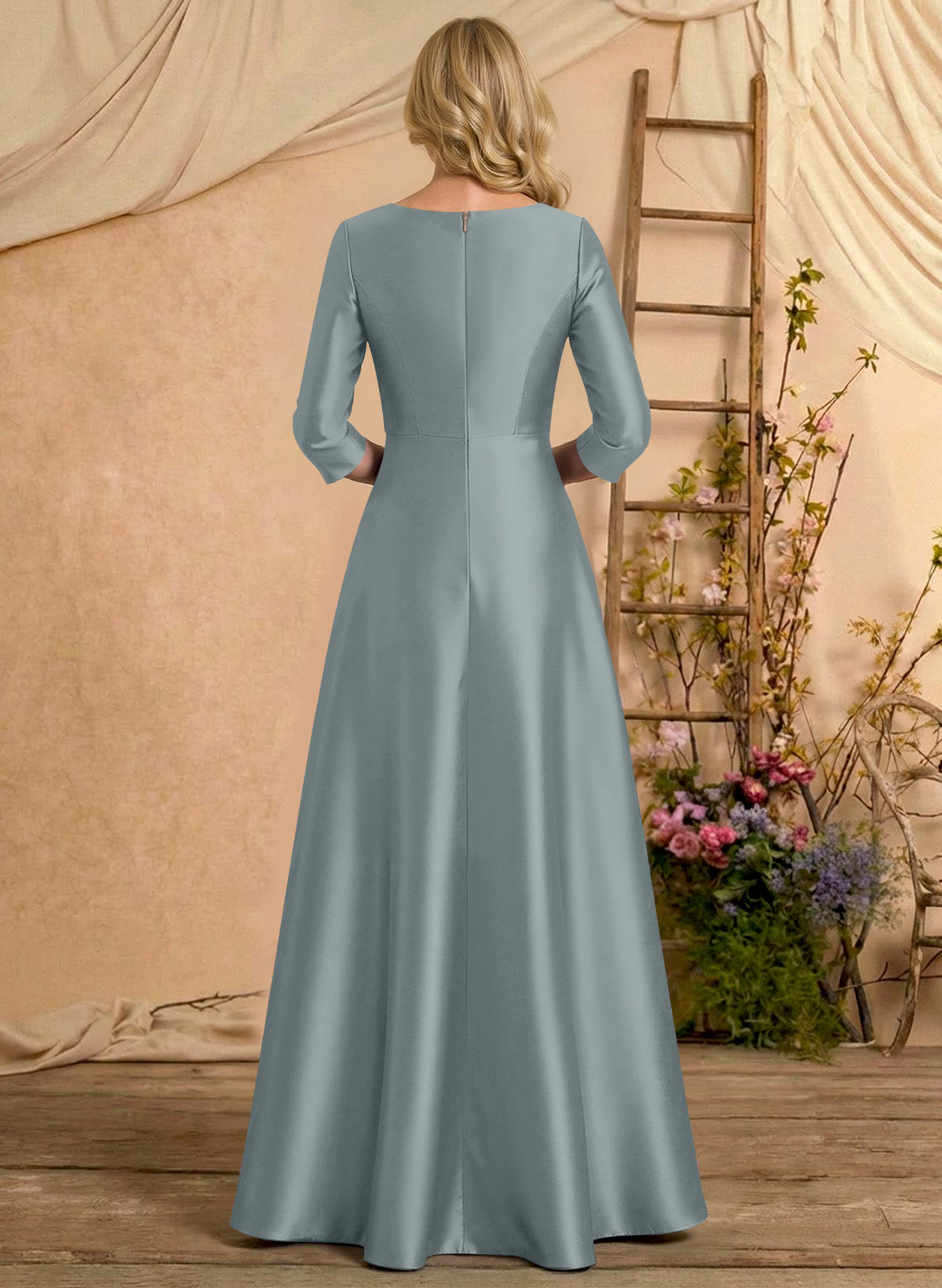 A-Line V-Neck 3/4 Sleeves Floor-Length Satin Mother Of The Bride Dresses With Rhinestone/High Split