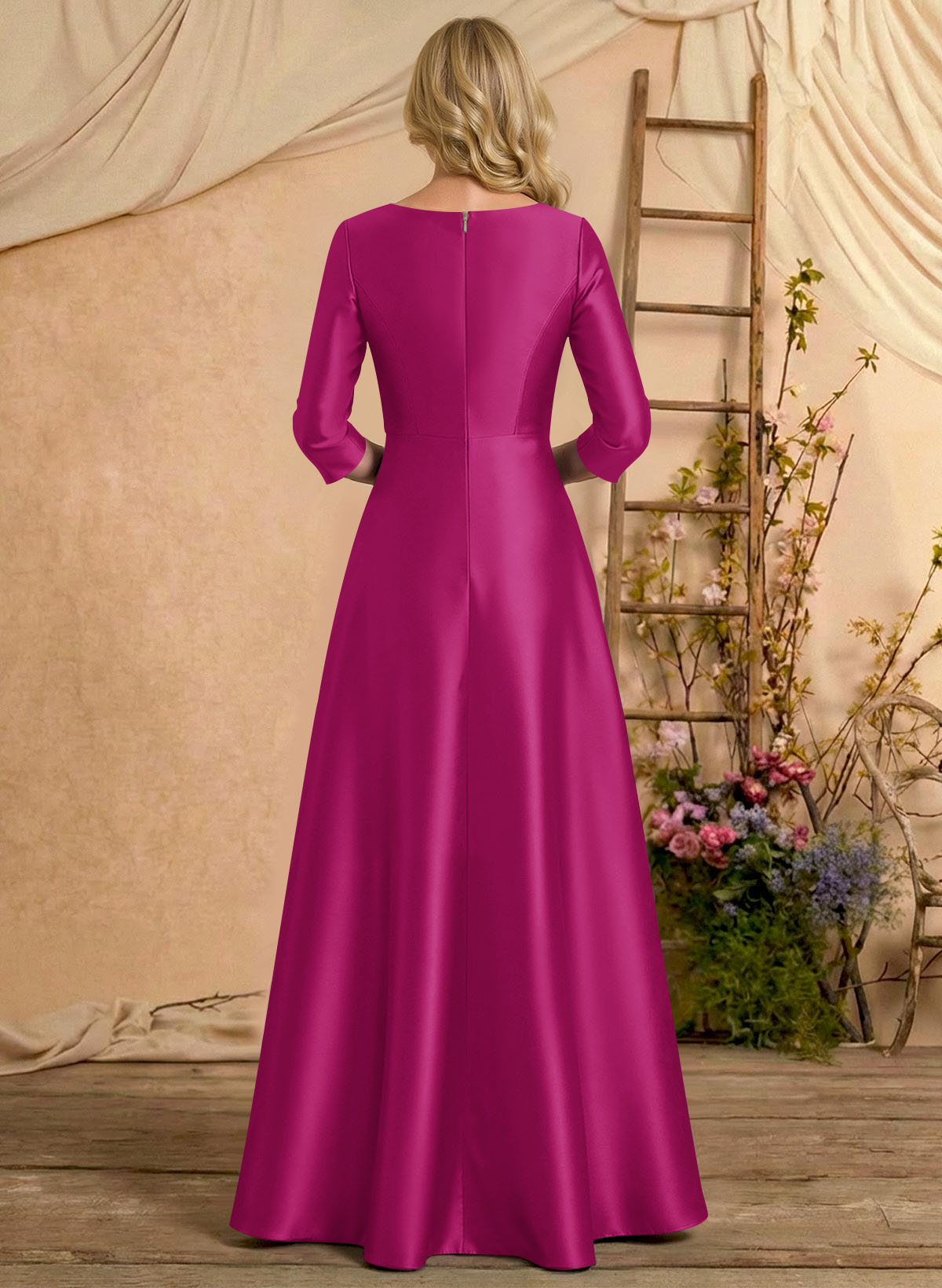 A-Line V-Neck 3/4 Sleeves Floor-Length Satin Mother Of The Bride Dresses With Rhinestone/High Split