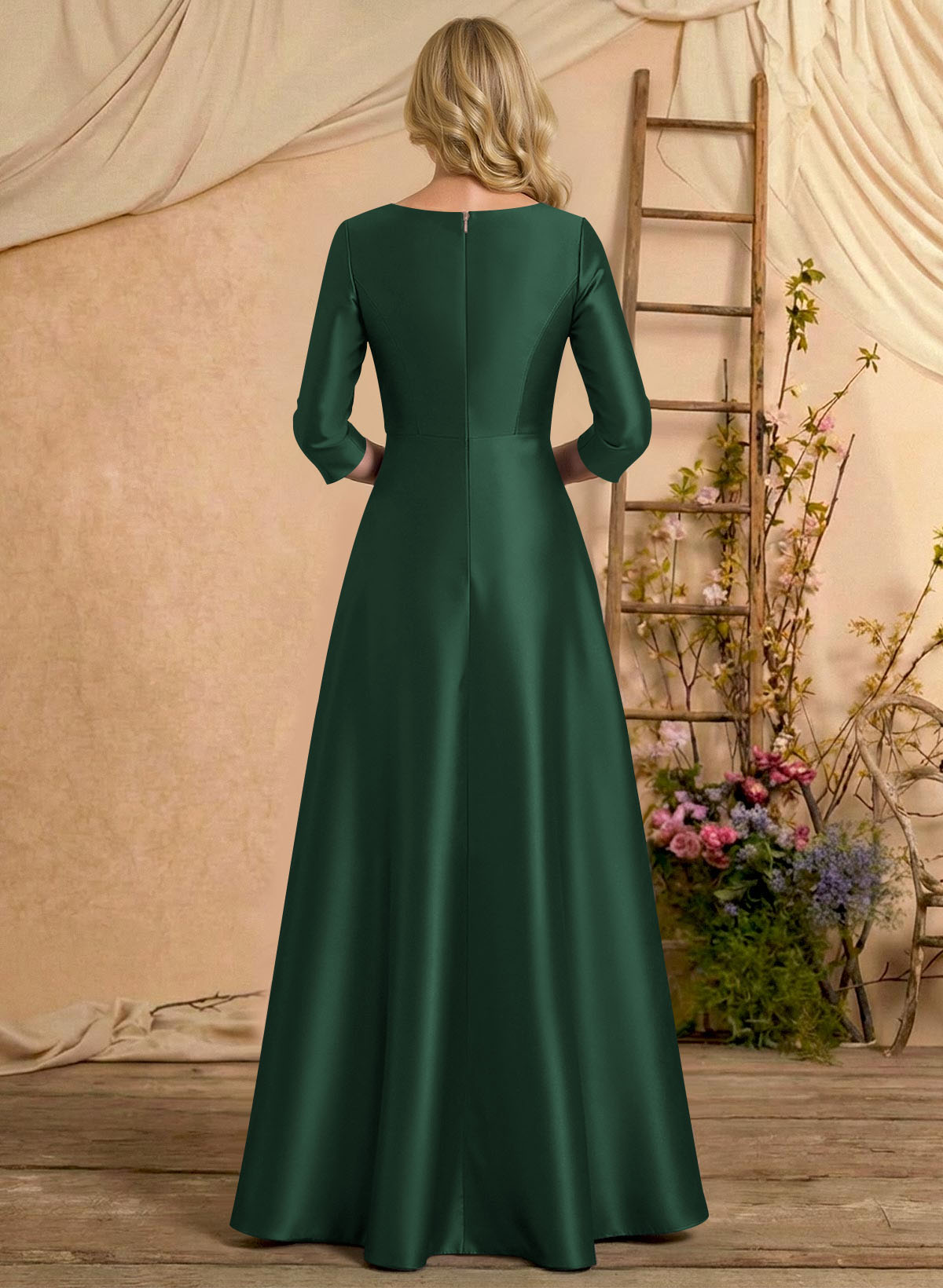 A-Line V-Neck 3/4 Sleeves Floor-Length Satin Mother Of The Bride Dresses With Rhinestone/High Split