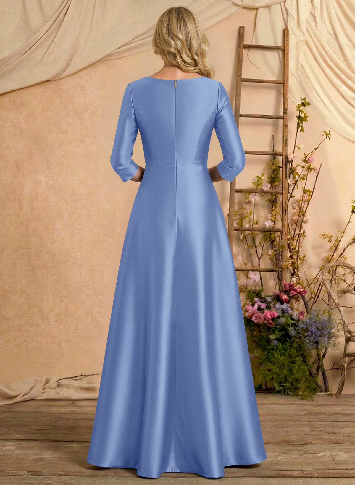 A-Line V-Neck 3/4 Sleeves Floor-Length Satin Mother Of The Bride Dresses With Rhinestone/High Split