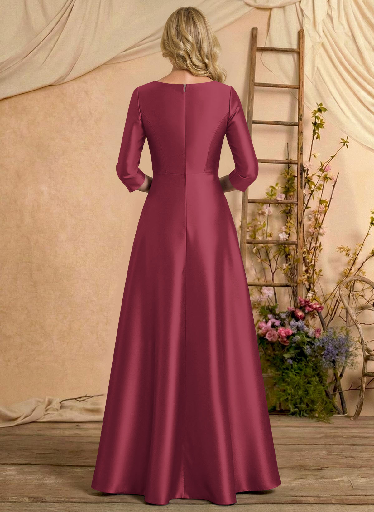 A-Line V-Neck 3/4 Sleeves Floor-Length Satin Mother Of The Bride Dresses With Rhinestone/High Split