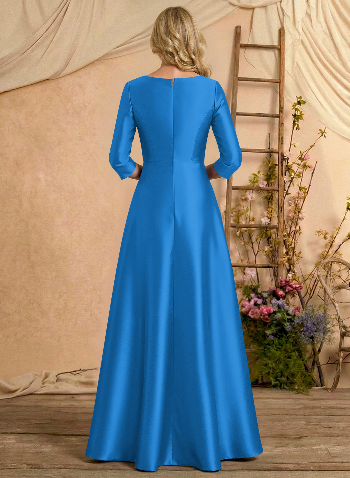 A-Line V-Neck 3/4 Sleeves Floor-Length Satin Mother Of The Bride Dresses With Rhinestone/High Split