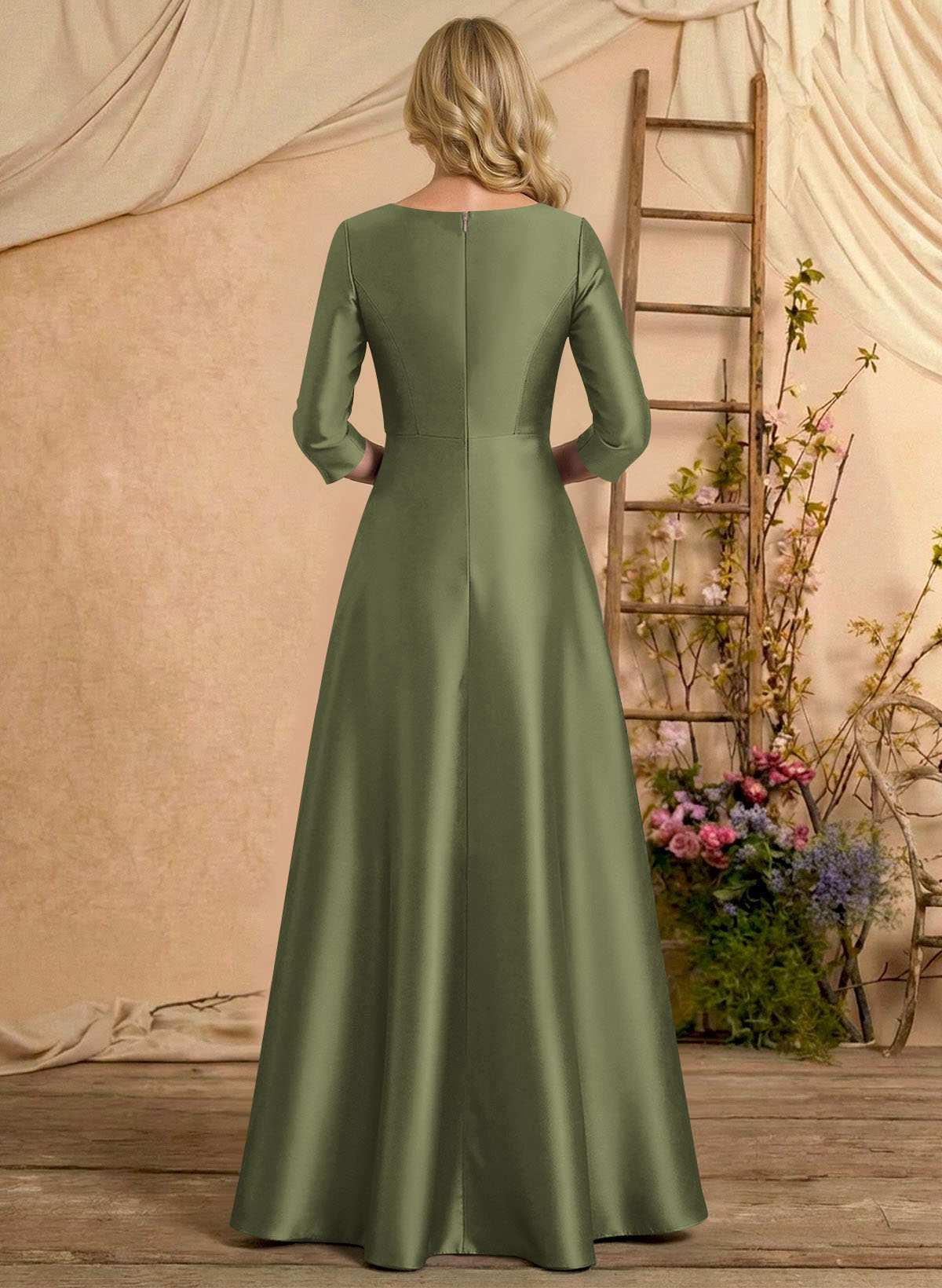 A-Line V-Neck 3/4 Sleeves Floor-Length Satin Mother Of The Bride Dresses With Rhinestone/High Split