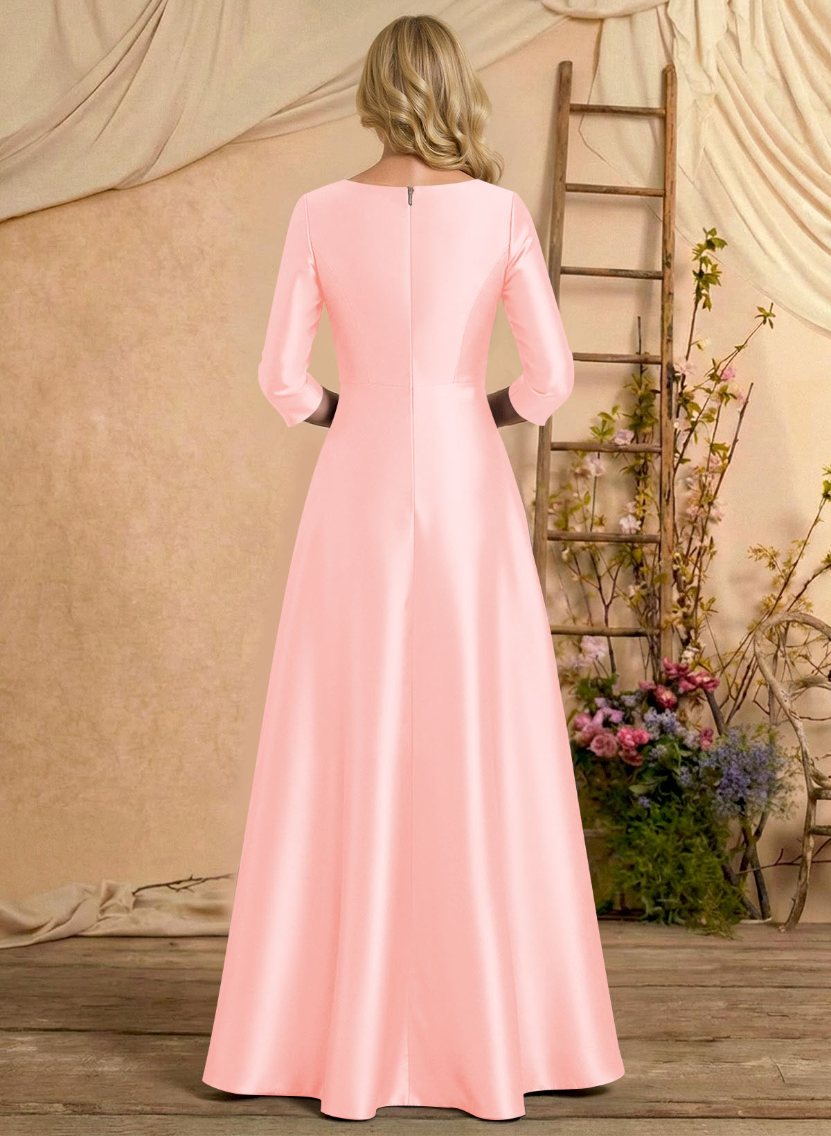 A-Line V-Neck 3/4 Sleeves Floor-Length Satin Mother Of The Bride Dresses With Rhinestone/High Split