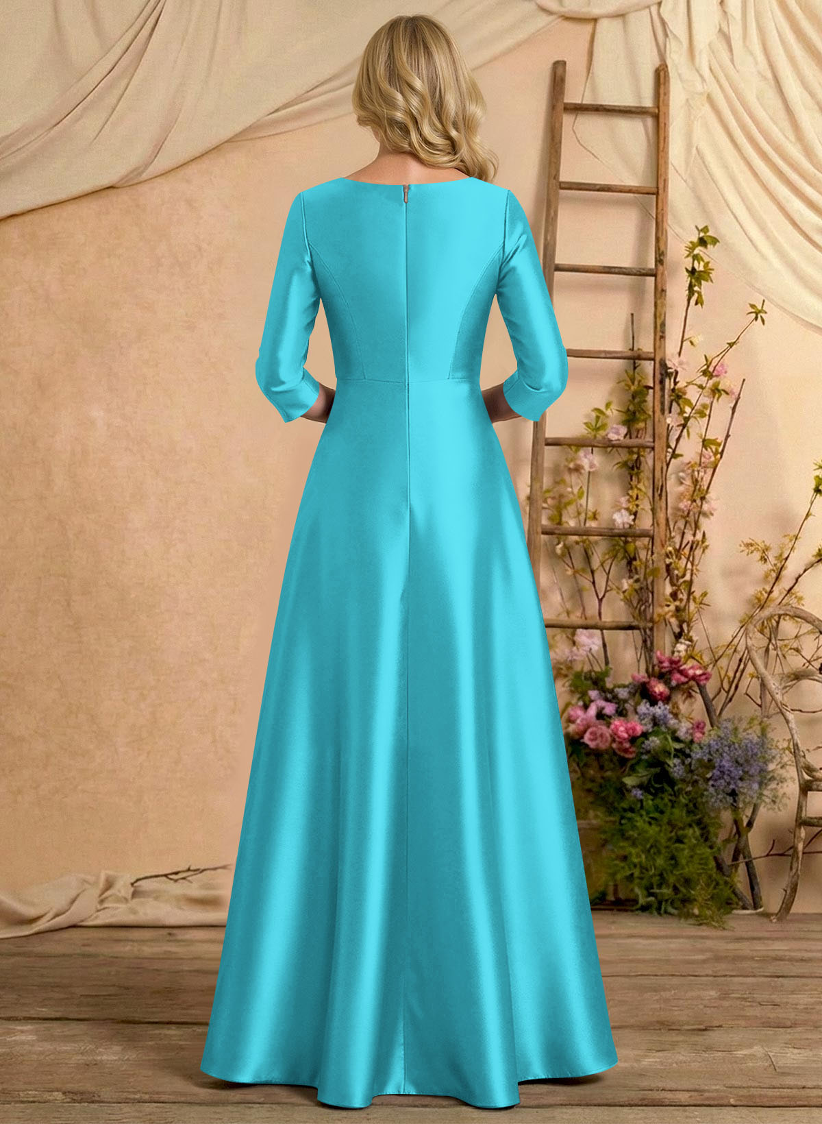 A-Line V-Neck 3/4 Sleeves Floor-Length Satin Mother Of The Bride Dresses With Rhinestone/High Split
