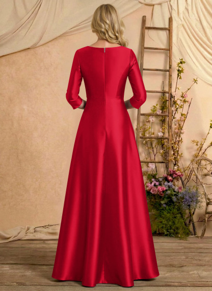 A-Line V-Neck 3/4 Sleeves Floor-Length Satin Mother Of The Bride Dresses With Rhinestone/High Split