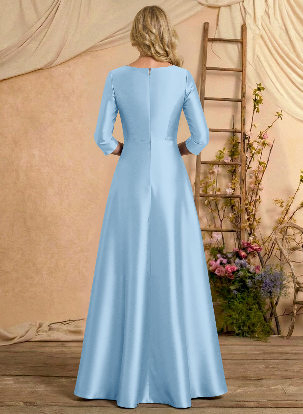 A-Line V-Neck 3/4 Sleeves Floor-Length Satin Mother Of The Bride Dresses With Rhinestone/High Split