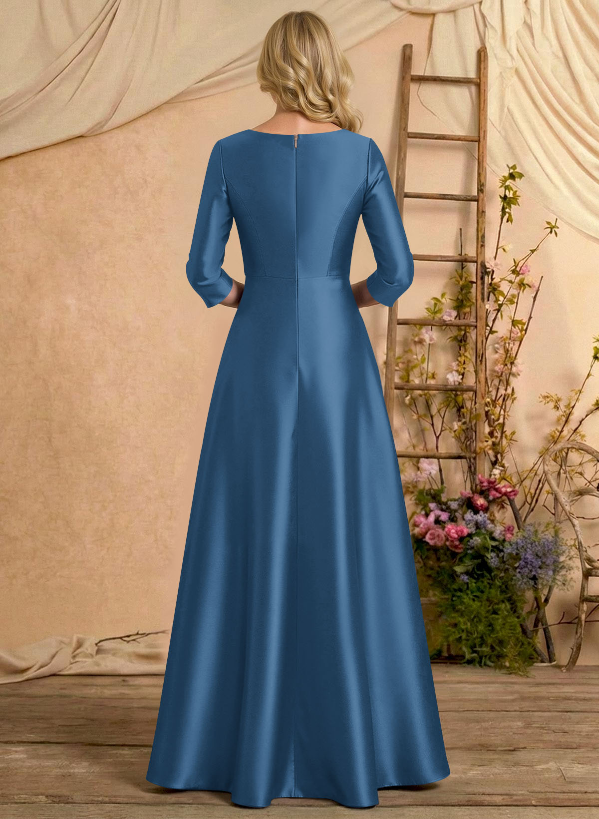 A-Line V-Neck 3/4 Sleeves Floor-Length Satin Mother Of The Bride Dresses With Rhinestone/High Split