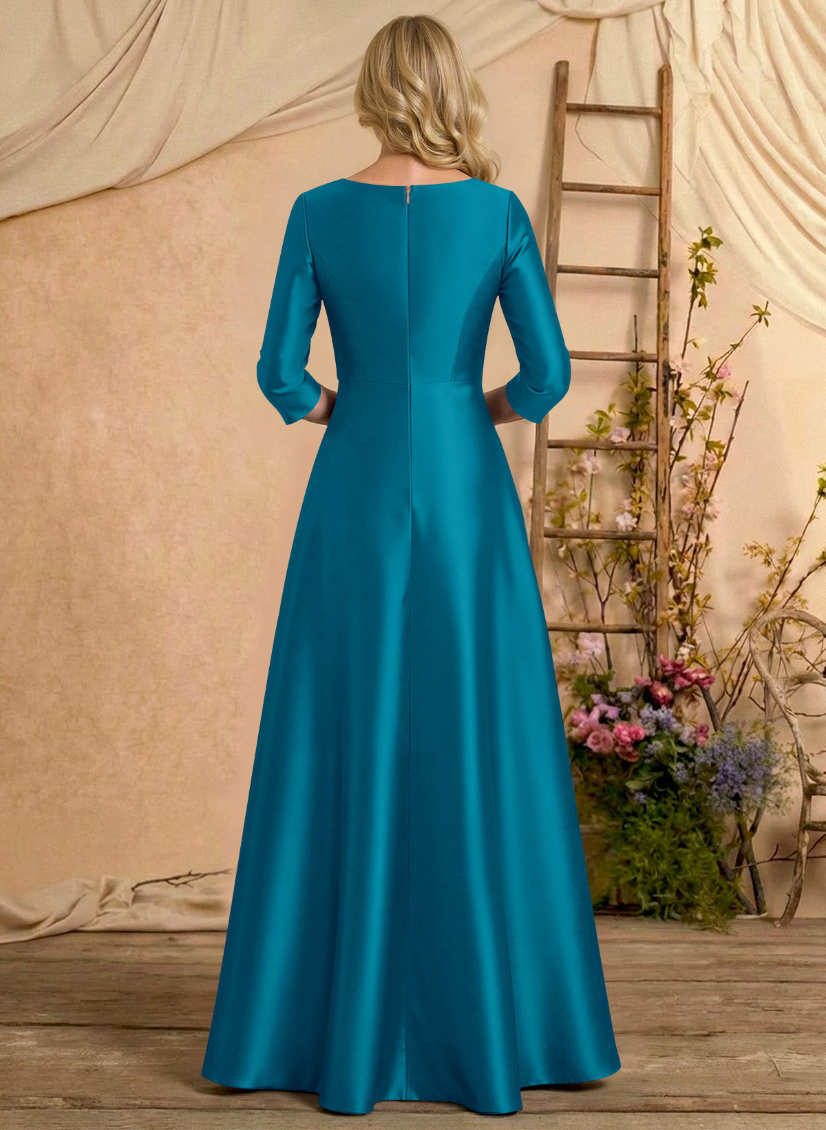 A-Line V-Neck 3/4 Sleeves Floor-Length Satin Mother Of The Bride Dresses With Rhinestone/High Split