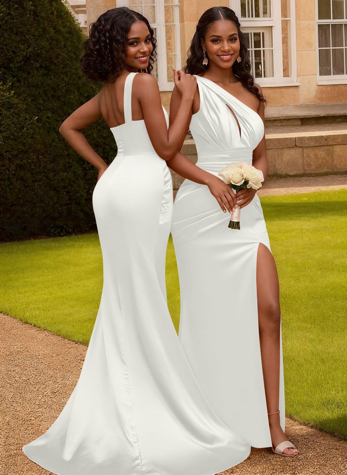 Trumpet/Mermaid One-Shoulder Sweep Train Silk Like Satin Bridesmaid Dresses With High Split, product image 40