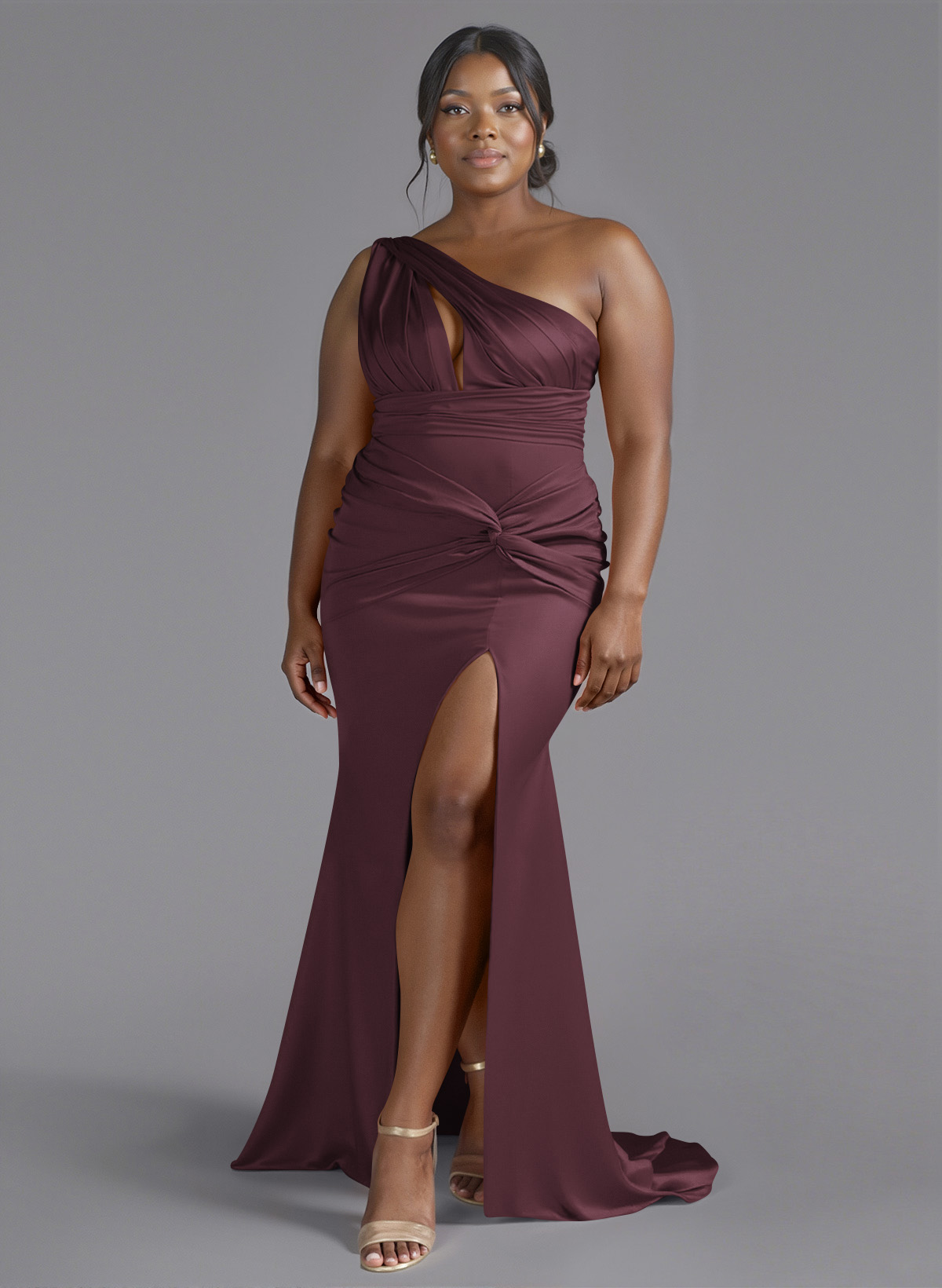 Trumpet/Mermaid One-Shoulder Sweep Train Silk Like Satin Bridesmaid Dresses With High Split, product image 112