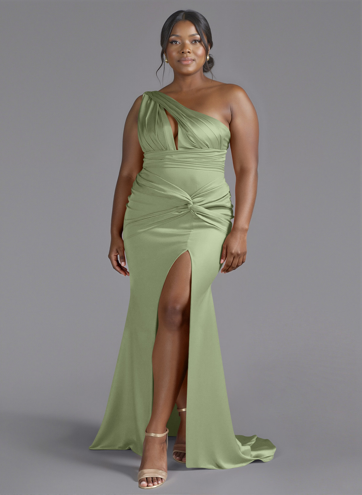 Trumpet/Mermaid One-Shoulder Sweep Train Silk Like Satin Bridesmaid Dresses With High Split, product image 114