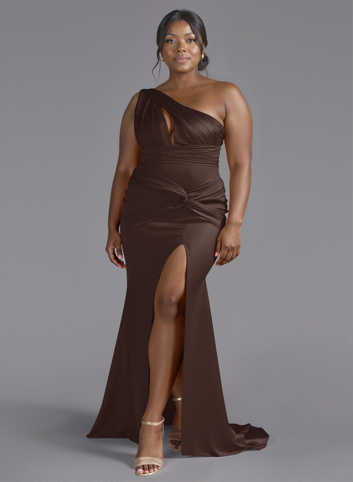 Trumpet/Mermaid One-Shoulder Sweep Train Silk Like Satin Bridesmaid Dresses With High Split, product image 184