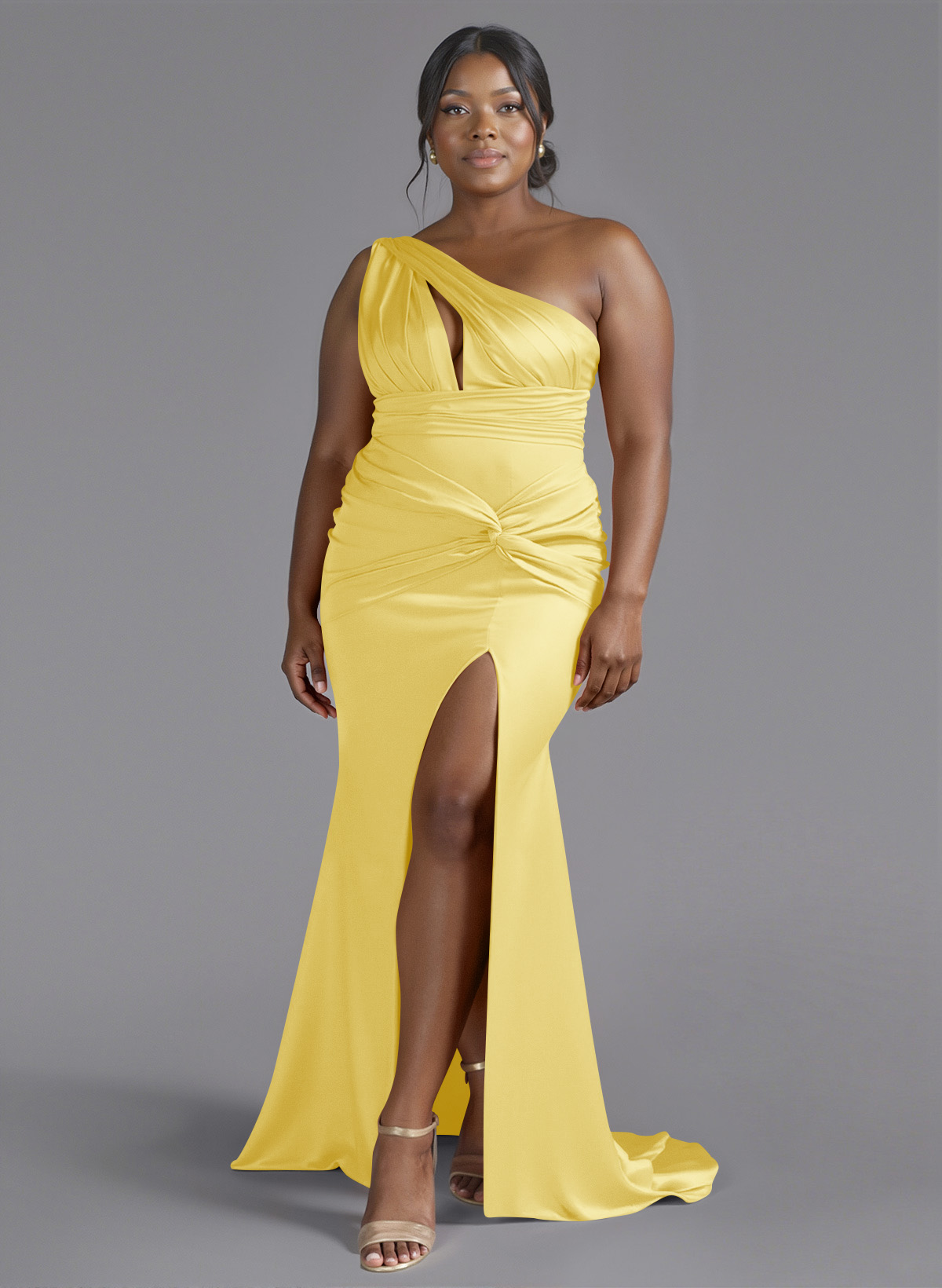 Trumpet/Mermaid One-Shoulder Sweep Train Silk Like Satin Bridesmaid Dresses With High Split, product image 152