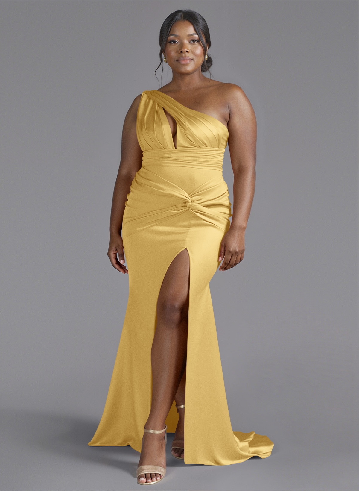 Trumpet/Mermaid One-Shoulder Sweep Train Silk Like Satin Bridesmaid Dresses With High Split, product image 170