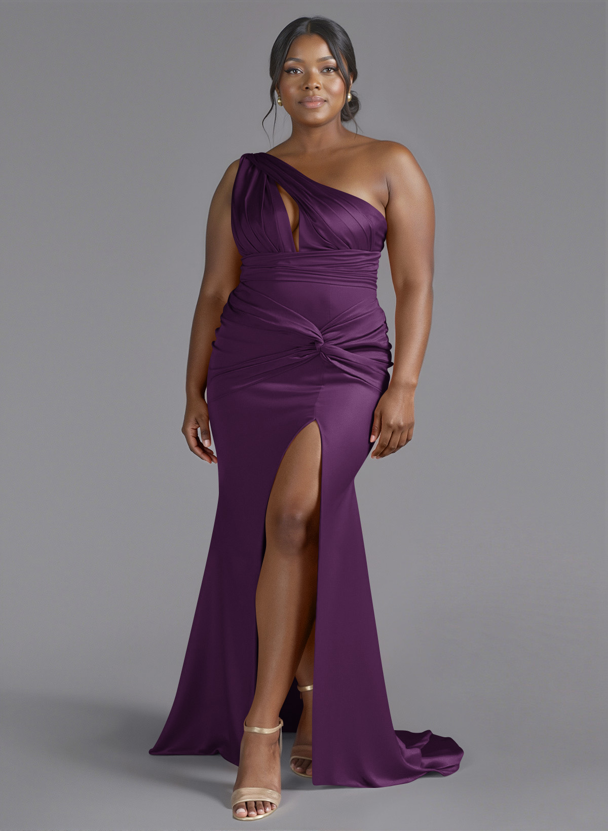 Trumpet/Mermaid One-Shoulder Sweep Train Silk Like Satin Bridesmaid Dresses With High Split, product image 134