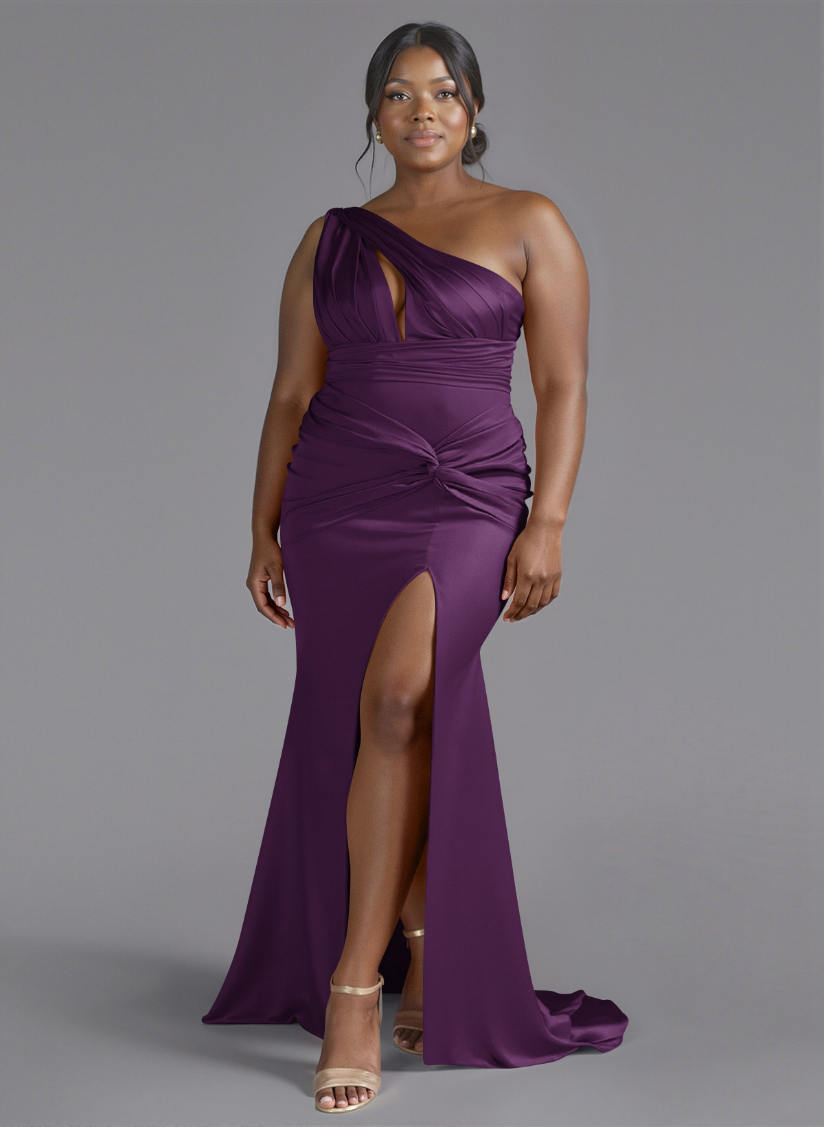 Trumpet/Mermaid One-Shoulder Sweep Train Silk Like Satin Bridesmaid Dresses With High Split, product image 134