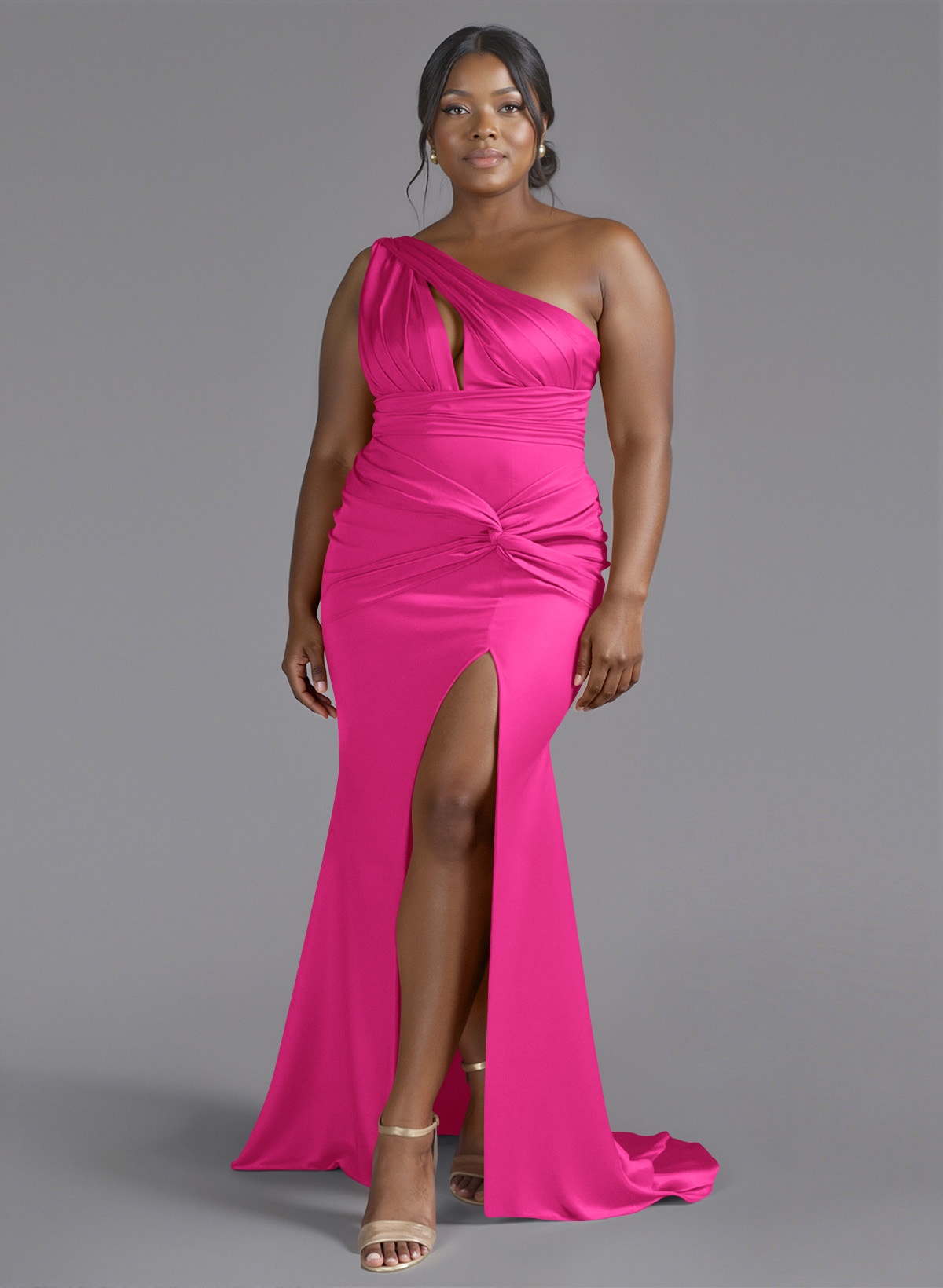 Trumpet/Mermaid One-Shoulder Sweep Train Silk Like Satin Bridesmaid Dresses With High Split, product image 188