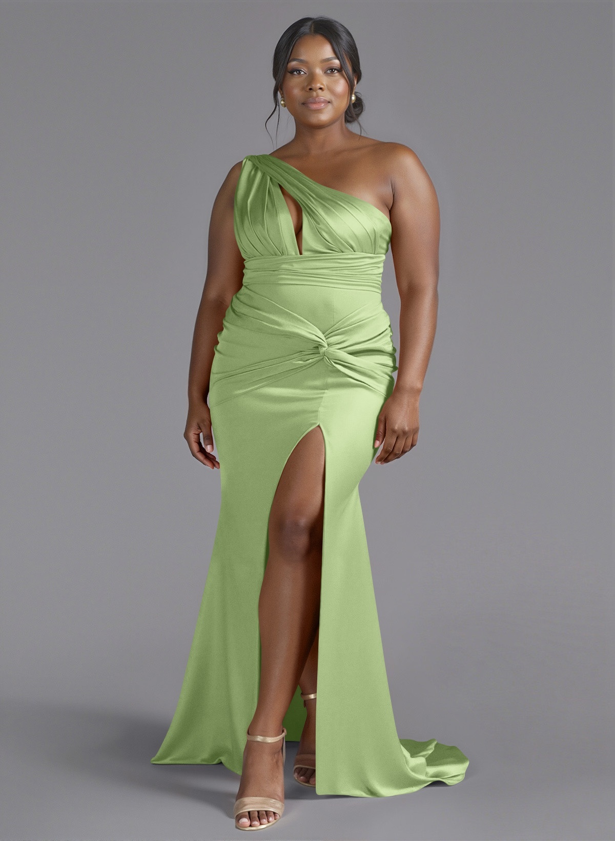 Trumpet/Mermaid One-Shoulder Sweep Train Silk Like Satin Bridesmaid Dresses With High Split, product image 198