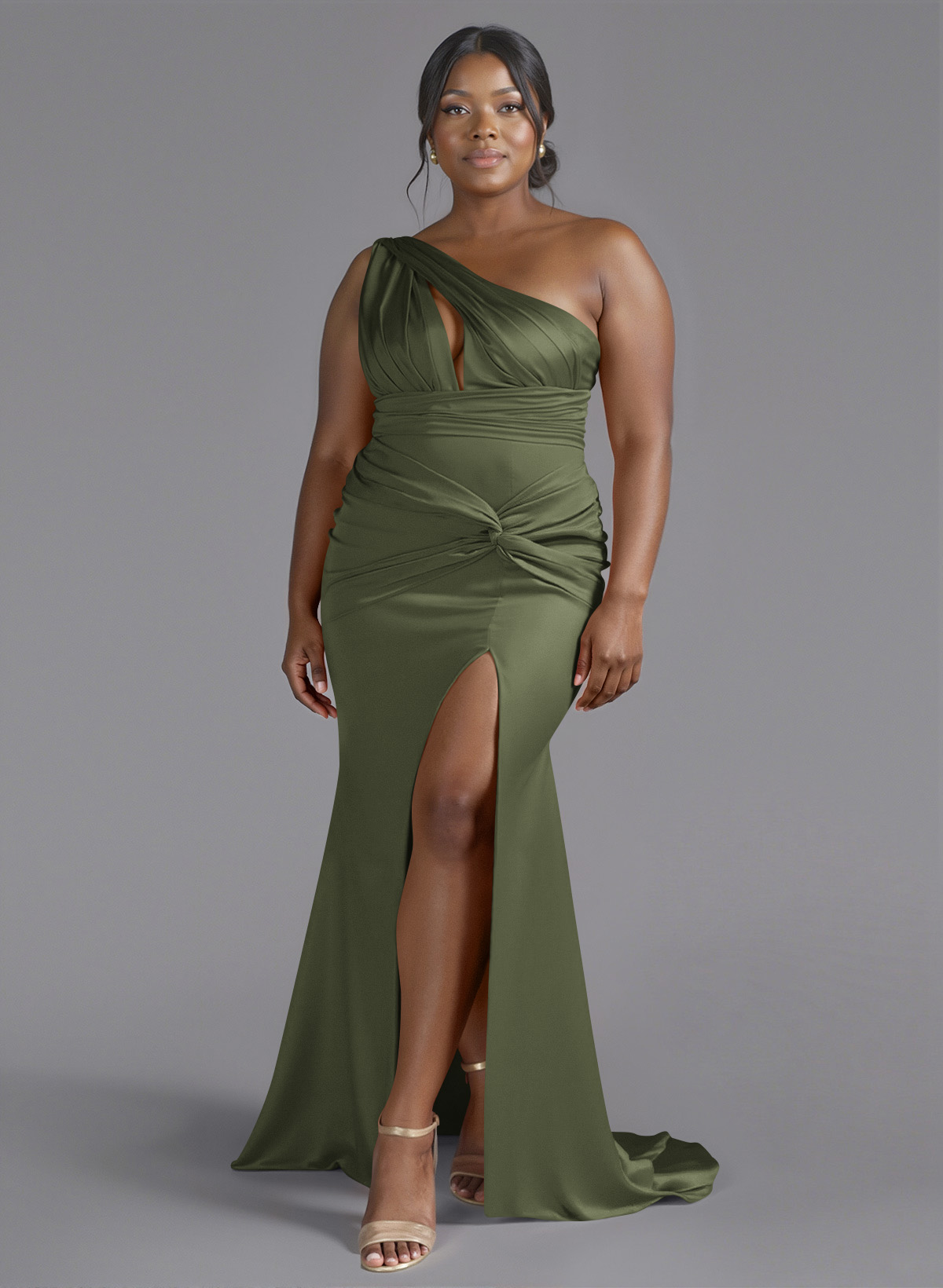 Trumpet/Mermaid One-Shoulder Sweep Train Silk Like Satin Bridesmaid Dresses With High Split, product image 190