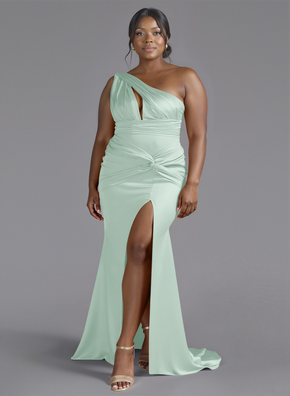 Trumpet/Mermaid One-Shoulder Sweep Train Silk Like Satin Bridesmaid Dresses With High Split, product image 182