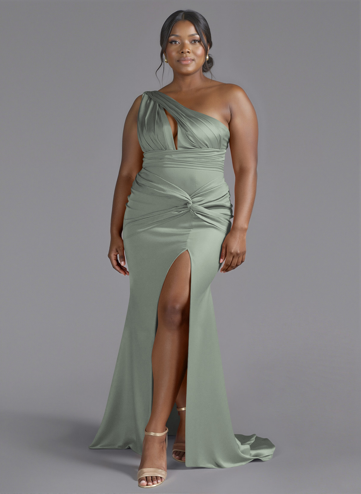 Trumpet/Mermaid One-Shoulder Sweep Train Silk Like Satin Bridesmaid Dresses With High Split, product image 142