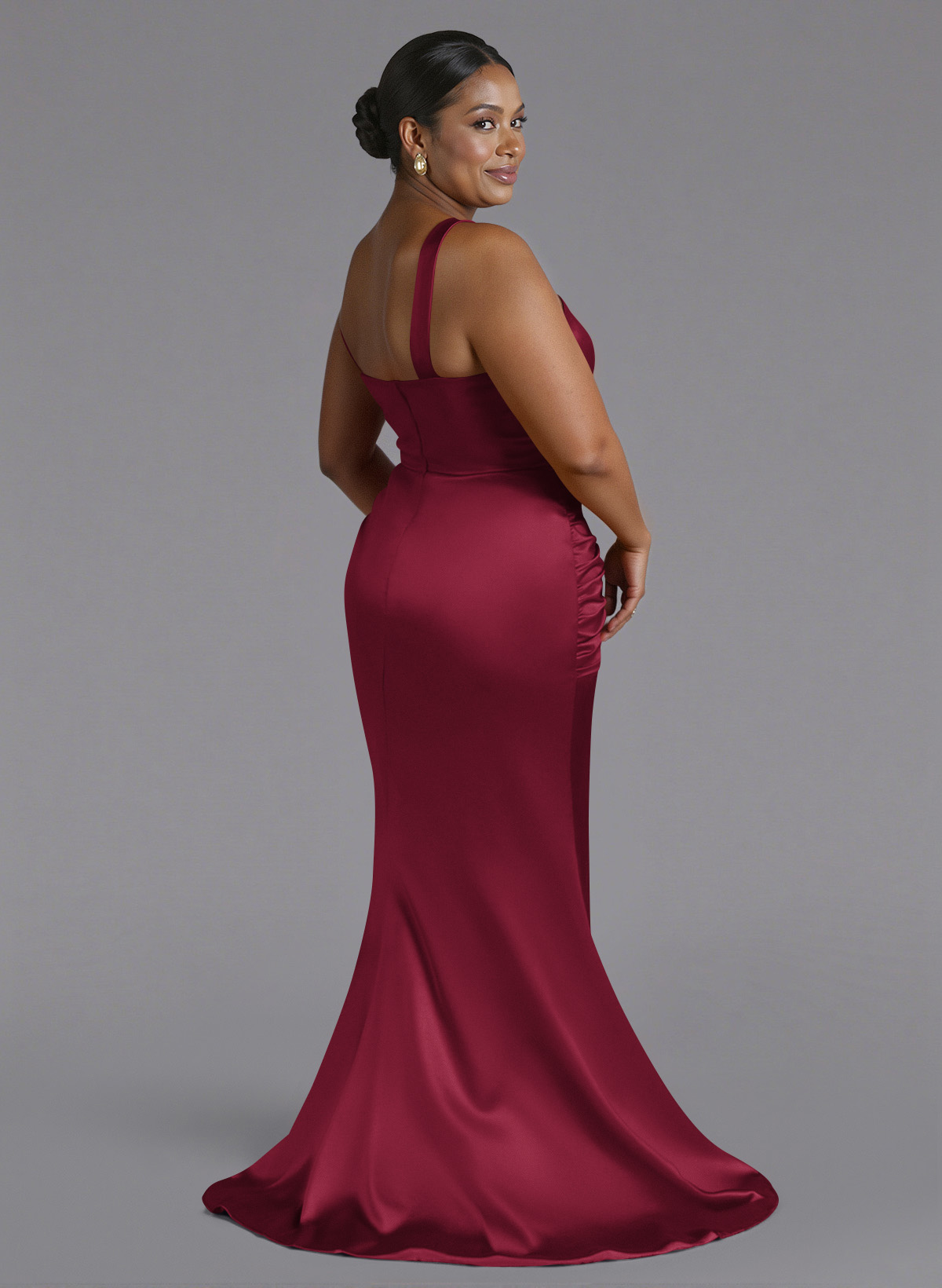 Trumpet/Mermaid One-Shoulder Sweep Train Silk Like Satin Bridesmaid Dresses With High Split, product image 109