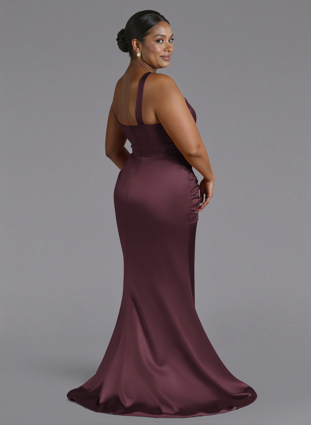 Trumpet/Mermaid One-Shoulder Sweep Train Silk Like Satin Bridesmaid Dresses With High Split, product image 113