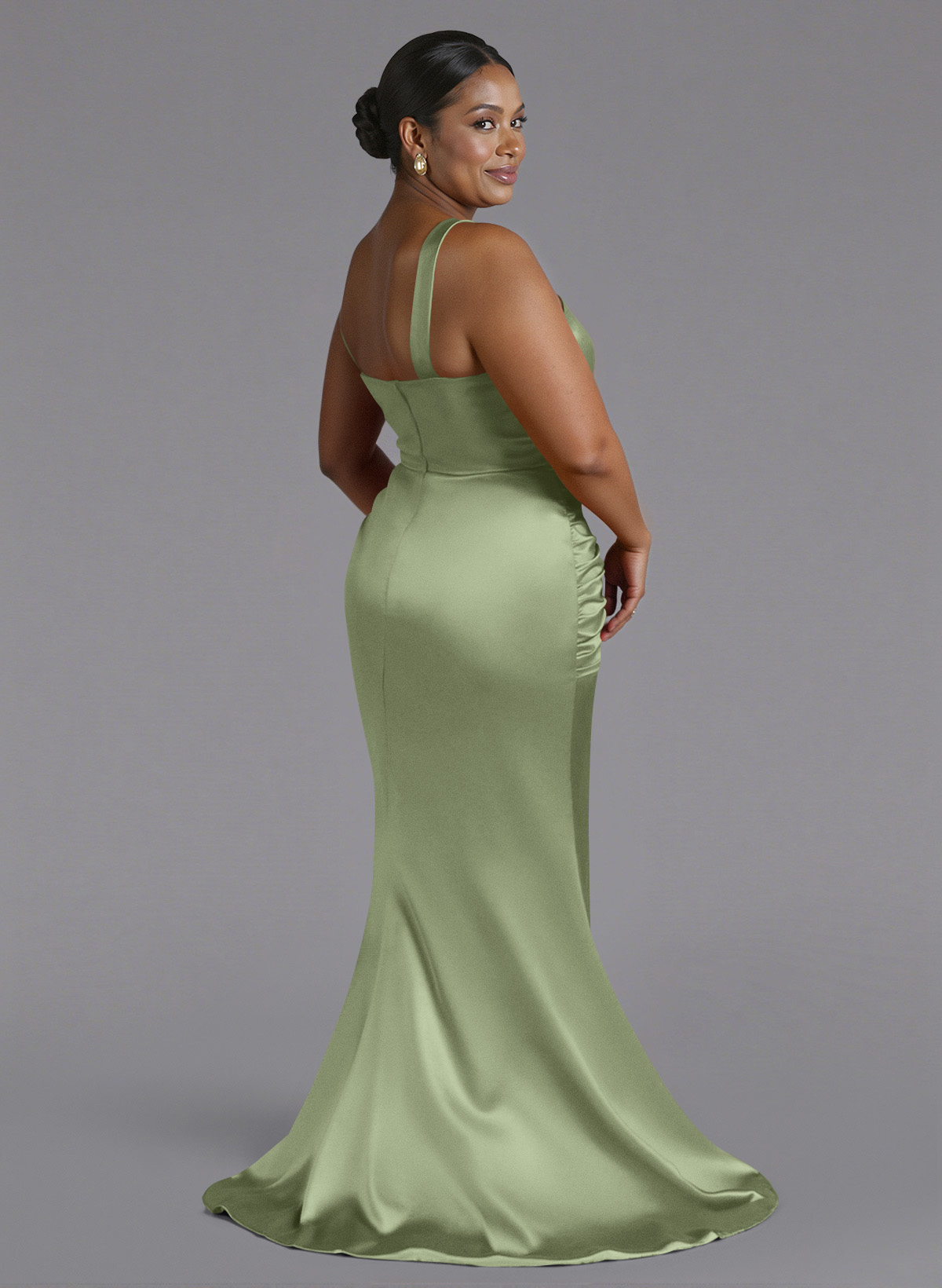 Trumpet/Mermaid One-Shoulder Sweep Train Silk Like Satin Bridesmaid Dresses With High Split, product image 115