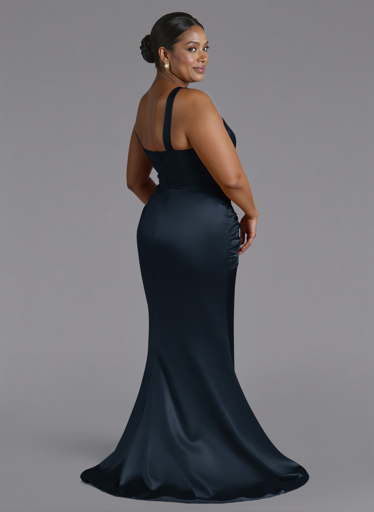 Trumpet/Mermaid One-Shoulder Sweep Train Silk Like Satin Bridesmaid Dresses With High Split, product image 107