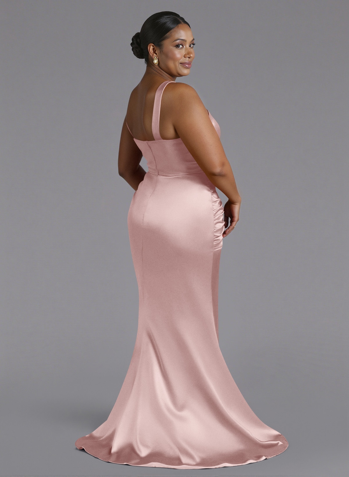 Trumpet/Mermaid One-Shoulder Sweep Train Silk Like Satin Bridesmaid Dresses With High Split, product image 105