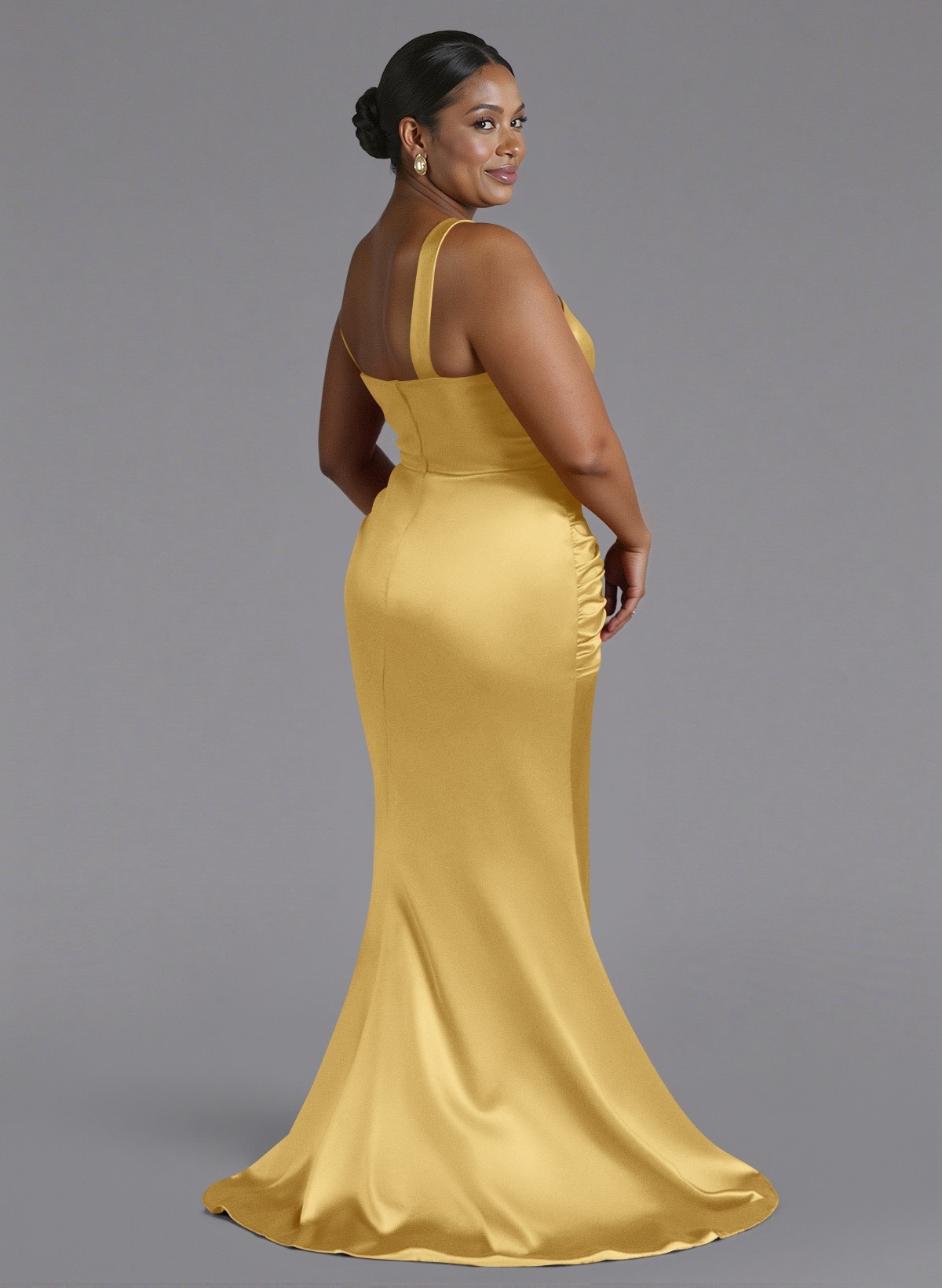 Trumpet/Mermaid One-Shoulder Sweep Train Silk Like Satin Bridesmaid Dresses With High Split, product image 171