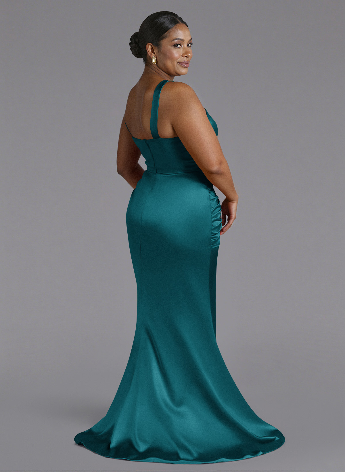 Trumpet/Mermaid One-Shoulder Sweep Train Silk Like Satin Bridesmaid Dresses With High Split, product image 147