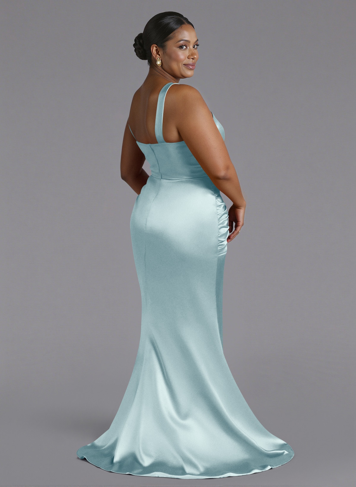 Trumpet/Mermaid One-Shoulder Sweep Train Silk Like Satin Bridesmaid Dresses With High Split, product image 175