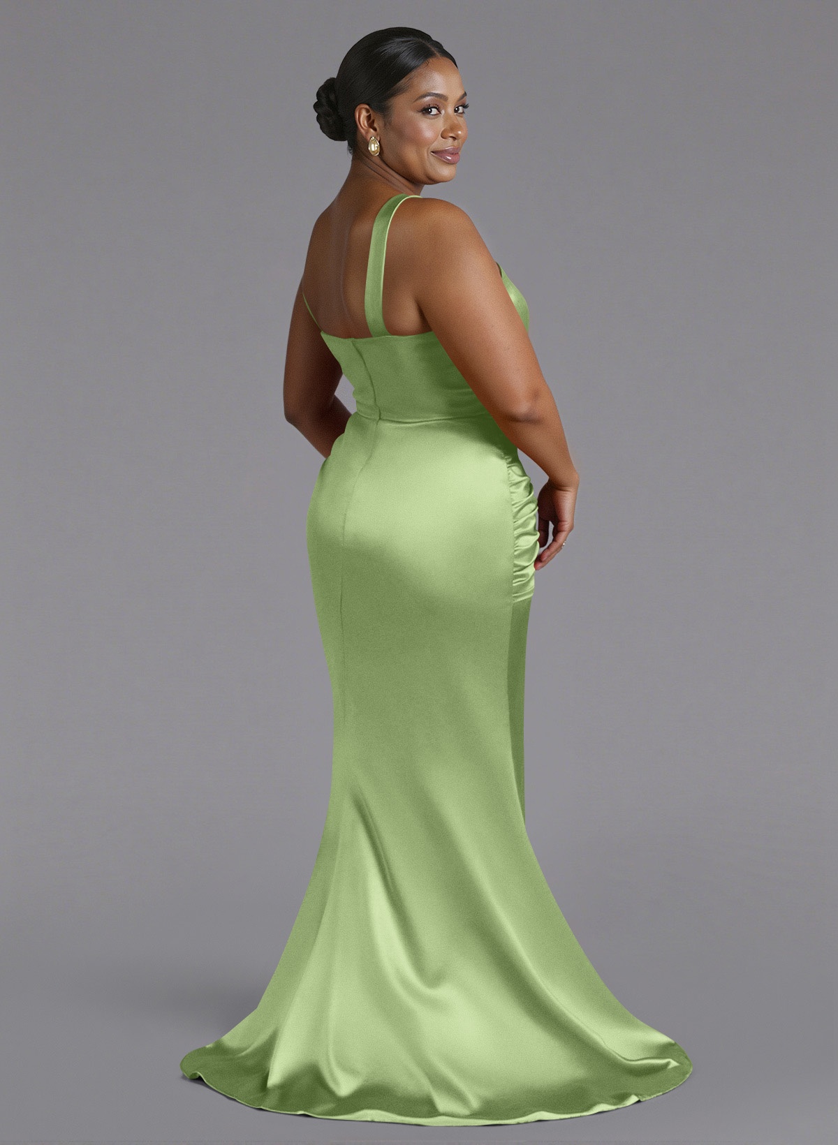 Trumpet/Mermaid One-Shoulder Sweep Train Silk Like Satin Bridesmaid Dresses With High Split, product image 199