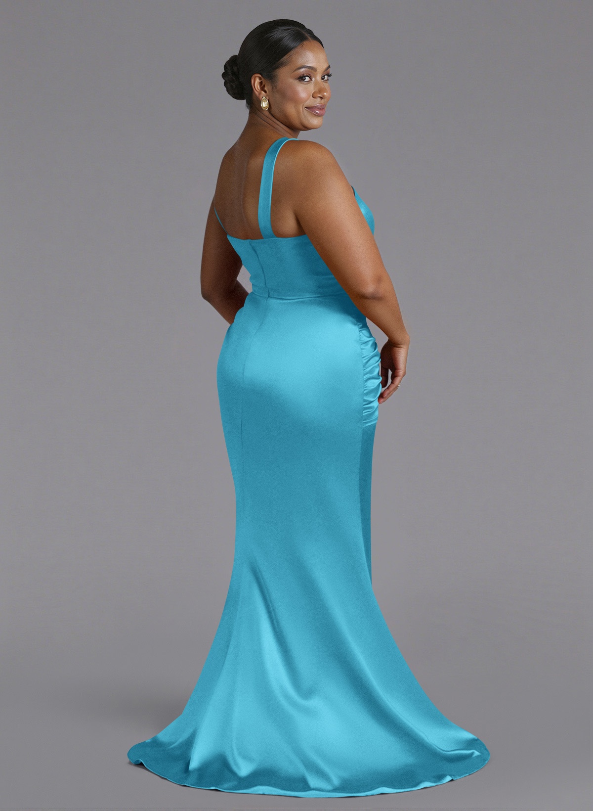 Trumpet/Mermaid One-Shoulder Sweep Train Silk Like Satin Bridesmaid Dresses With High Split, product image 179