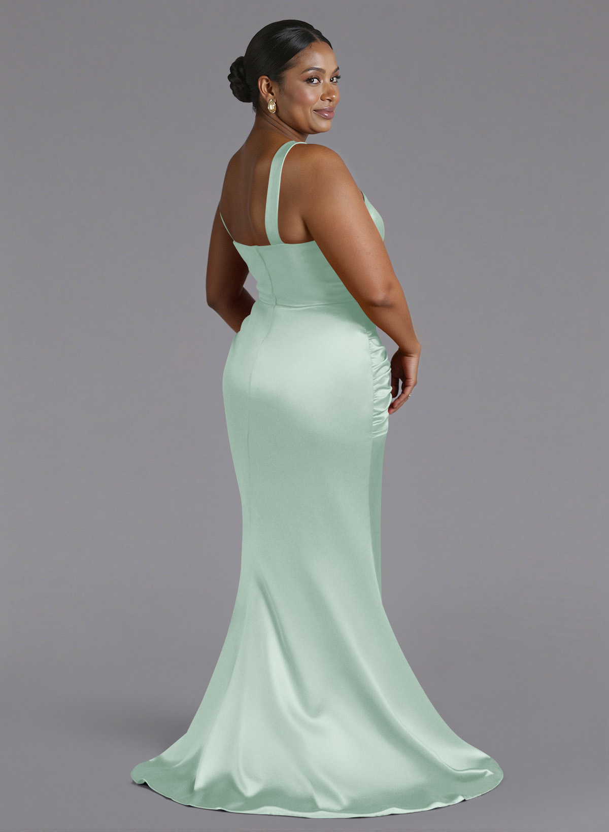 Trumpet/Mermaid One-Shoulder Sweep Train Silk Like Satin Bridesmaid Dresses With High Split, product image 183