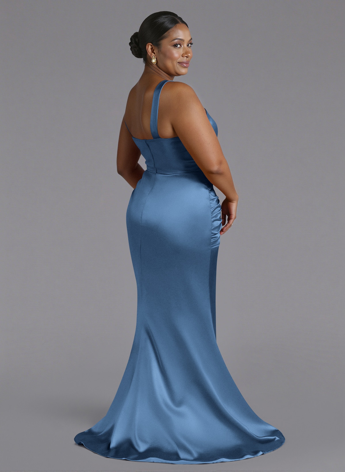 Trumpet/Mermaid One-Shoulder Sweep Train Silk Like Satin Bridesmaid Dresses With High Split, product image 117