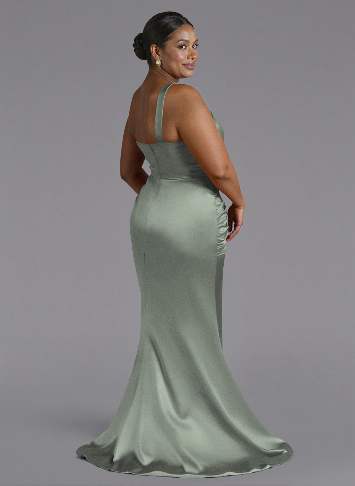 Trumpet/Mermaid One-Shoulder Sweep Train Silk Like Satin Bridesmaid Dresses With High Split, product image 143