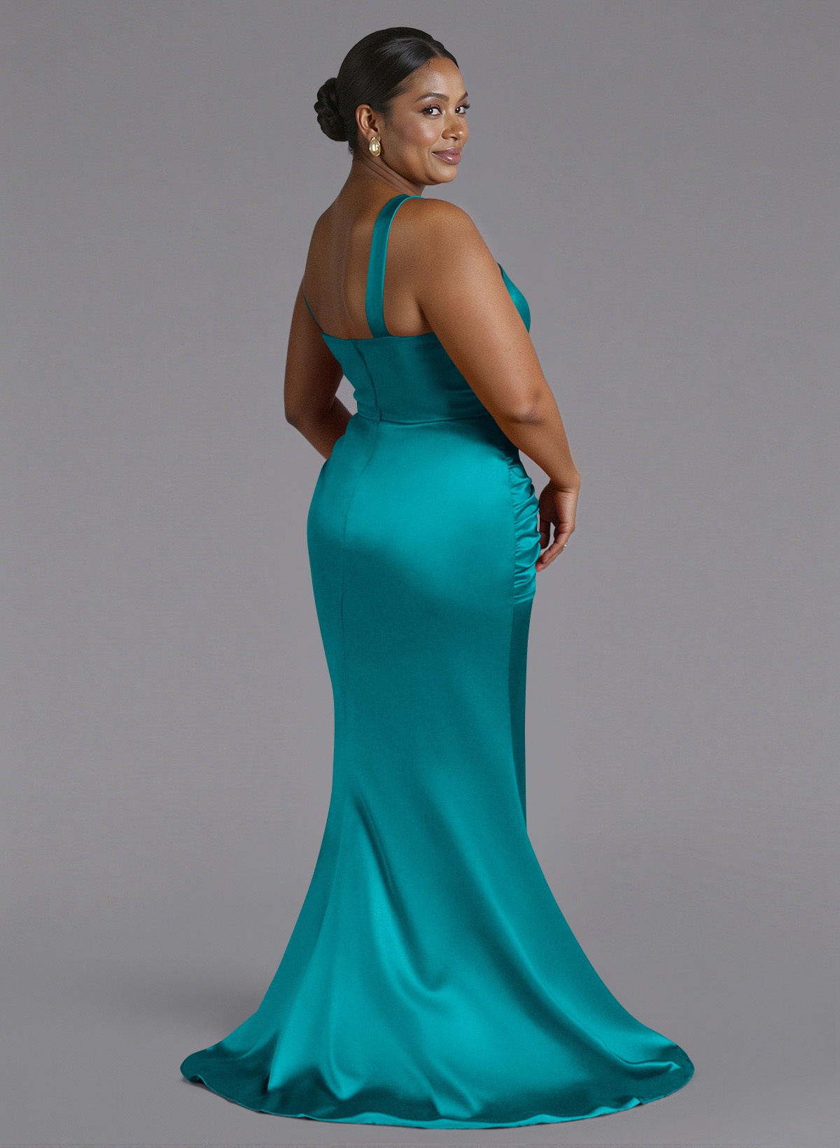 Trumpet/Mermaid One-Shoulder Sweep Train Silk Like Satin Bridesmaid Dresses With High Split, product image 201