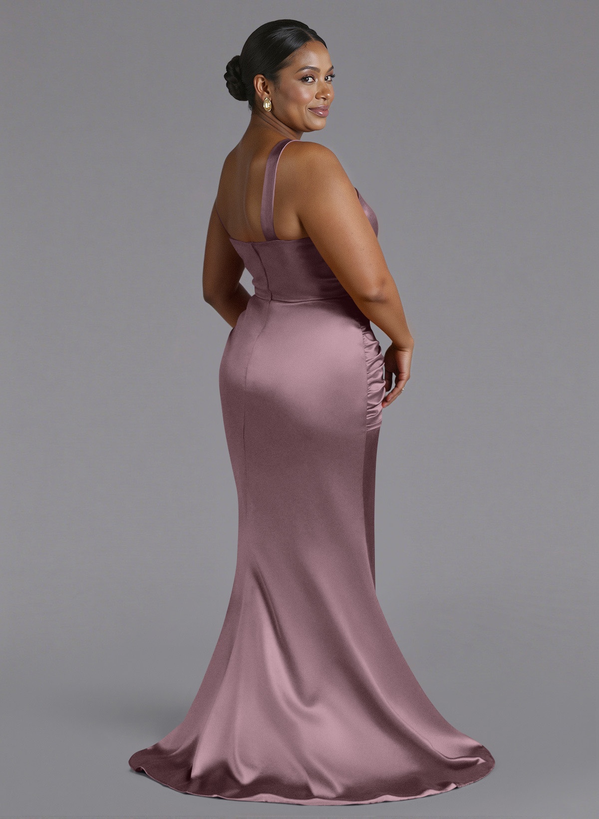 Trumpet/Mermaid One-Shoulder Sweep Train Silk Like Satin Bridesmaid Dresses With High Split, product image 139