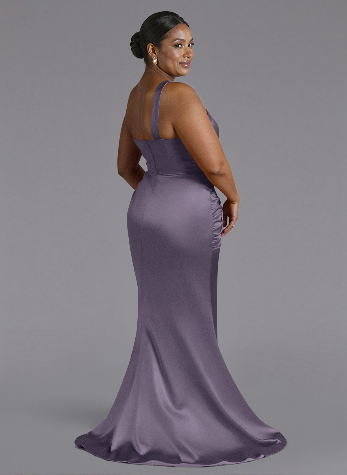 Trumpet/Mermaid One-Shoulder Sweep Train Silk Like Satin Bridesmaid Dresses With High Split, product image 123