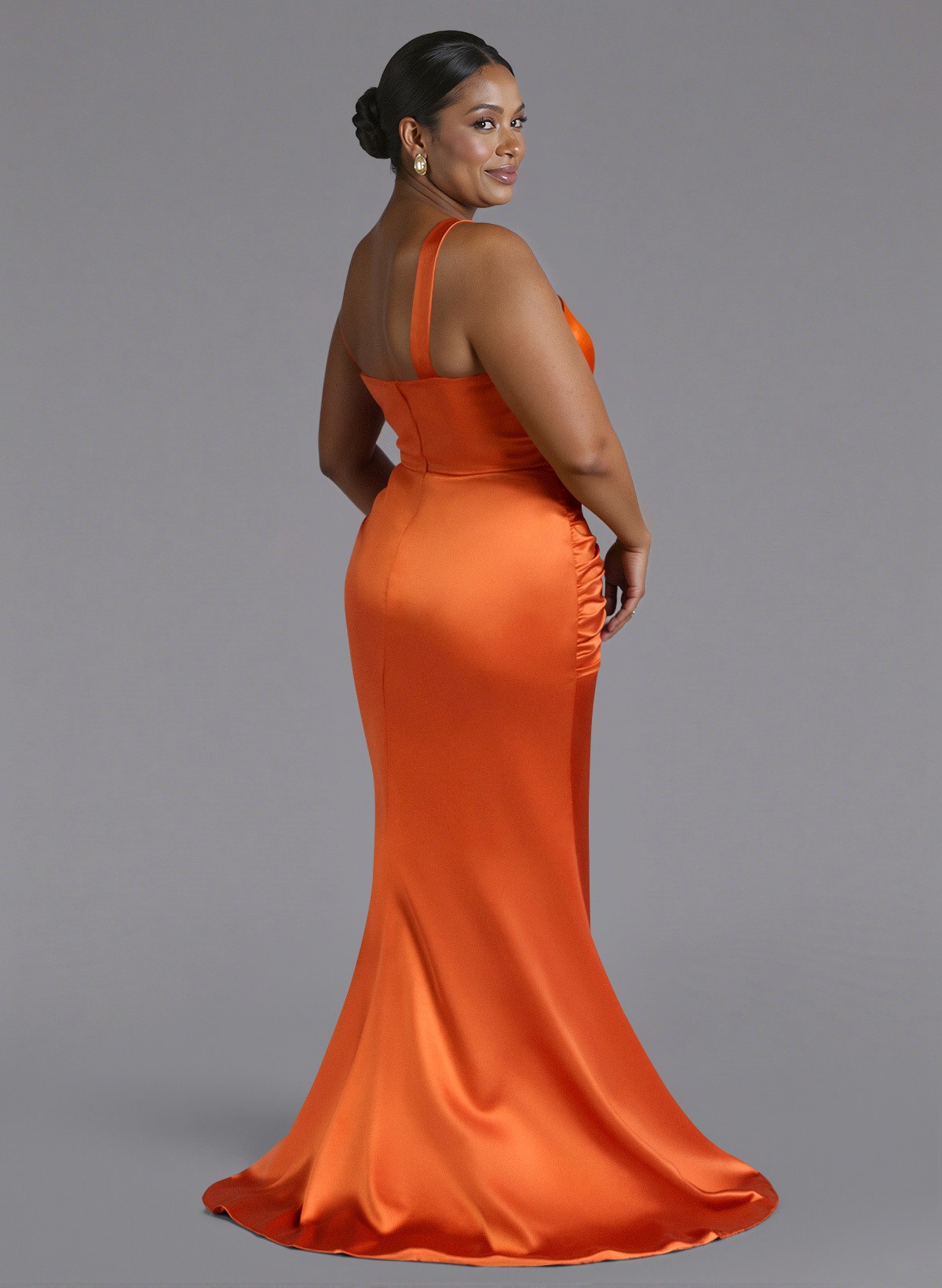 Trumpet/Mermaid One-Shoulder Sweep Train Silk Like Satin Bridesmaid Dresses With High Split, product image 103