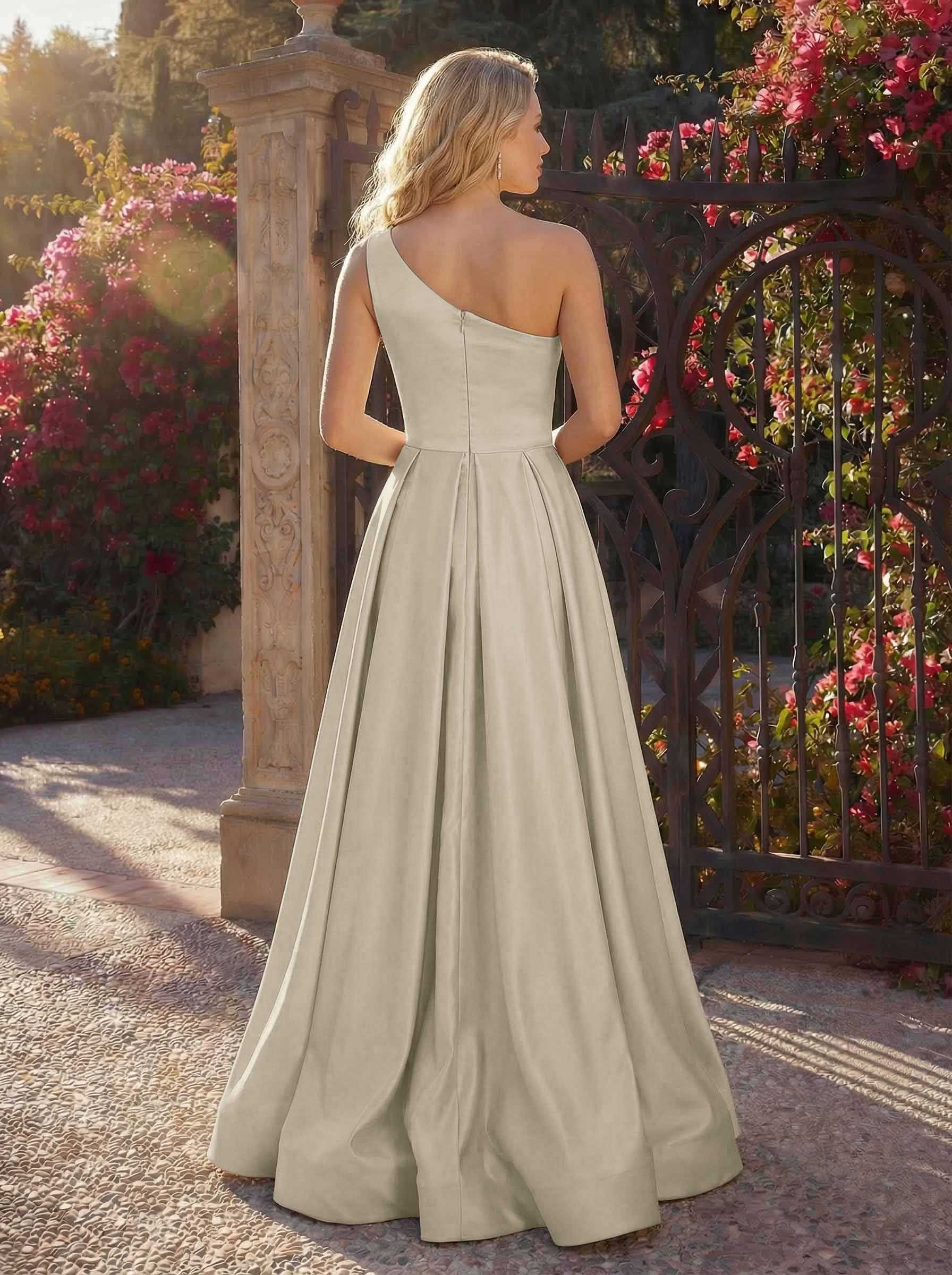 A-Line One-Shoulder Sleeveless Floor-Length Satin Bridesmaid Dresses, product image 124