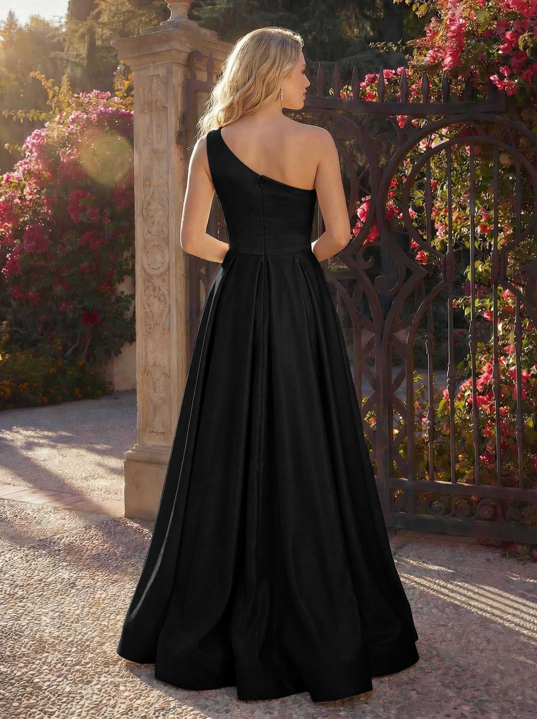 A-Line One-Shoulder Sleeveless Floor-Length Satin Bridesmaid Dresses, product image 116